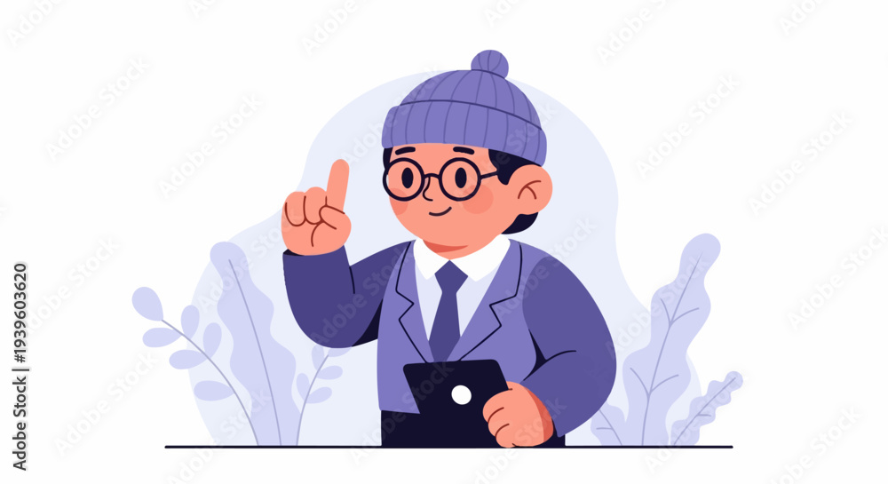 Fototapeta premium Character in glasses and hat holds tablet, pointing up with an idea