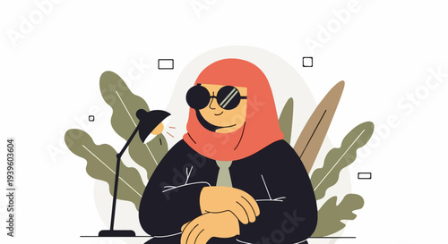 A person wearing a headscarf and sunglasses sits at a desk with a lamp