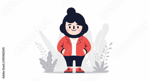 A cheerful person with dark hair and a red jacket stands amidst stylized foliage