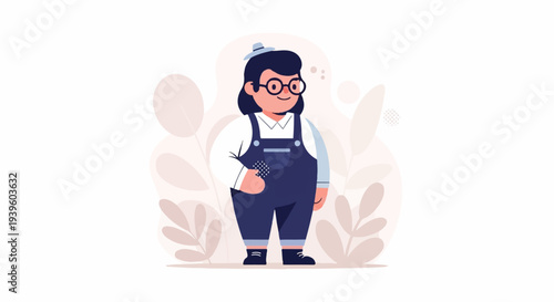 A cartoon person in overalls and a hat holding a small checkered object