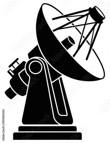 Satellite dish icon illustration representing telecommunications and technology in a simple black and white graphic design
