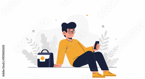 A person sits outdoors with a bag, holding a phone amidst stylized plants