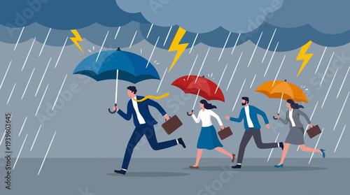 A dynamic illustration of business people running in the rain holding colorful umbrellas, capturing the challenges of urban life and determination in adverse conditions.