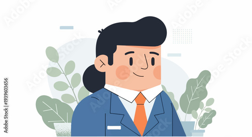 Stylized male office worker in suit and tie, surrounded by green plants