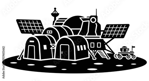 Futuristic black and white lunar base with solar panels and robotic rover on the moon surface