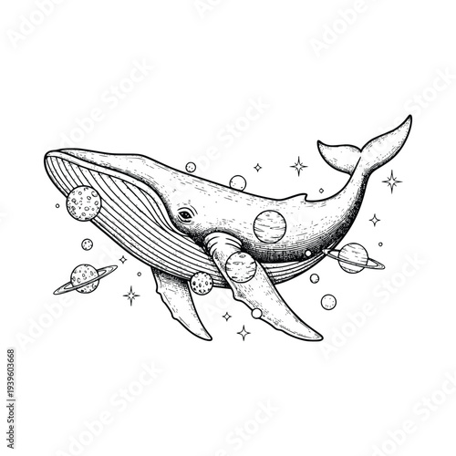 Engraving Cosmic whale with planets and stars, celestial animal in space, hand drawn fantasy illustration, universe concept