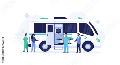 Emergency Medical Team and Ambulance Providing Urgent Healthcare Services. Paramedics and Doctors in Flat Vector Illustration for First Aid and Rescue.