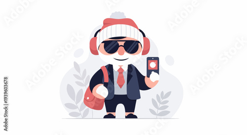 A cheerful cartoon man in a suit, hat, and headphones holds a phone, ready for fun