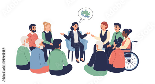 Diverse Group Discussion & Mental Wellness Session with Facilitator and Abstract Thought Bubble