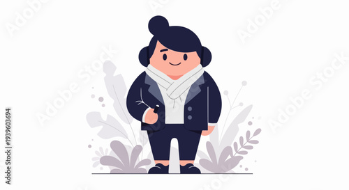 A person in a suit and scarf with a stylish hairstyle, holding an object