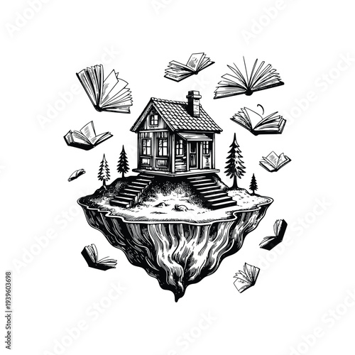 Engraving Fantasy house on floating island with pine trees, surrounded by books, hand drawn illustration of cozy literary home