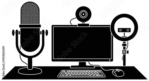 Professional recording setup with microphone camera and computer monitor on desk for podcasting and content creation purposes