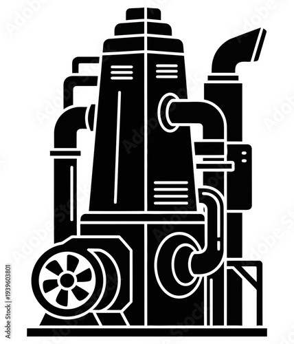 Industrial machinery equipment graphic illustration symbolizing manufacturing and processing in a modern industrial setting with pipes and mechanical components