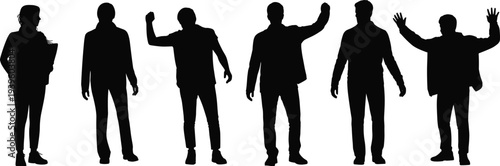 People standing silhouettes set, waving greeting poses vector collection isolated on white background for presentation design projects