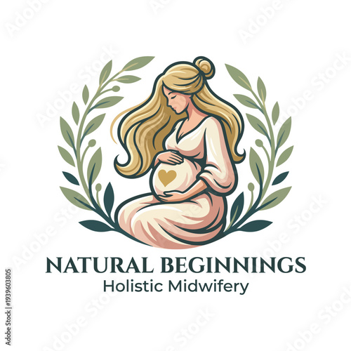 This logo artfully displays a serene illustration of a pregnant woman cradling her belly, accentuated by nature-inspired elements, representing holistic midwifery and nurturing life.