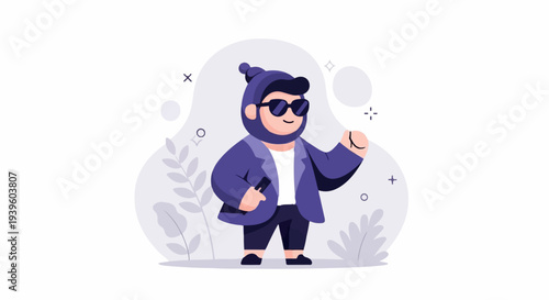 A stylized person in a purple jacket, sunglasses, and a cap, holding a phone, with abstract shapes and plants