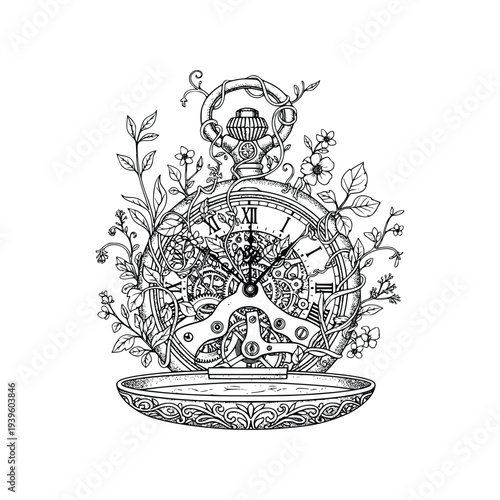 Engraving Ornate pocket watch surrounded by wild flowers and vines vintage timepiece mechanism floral engraving artistic concept