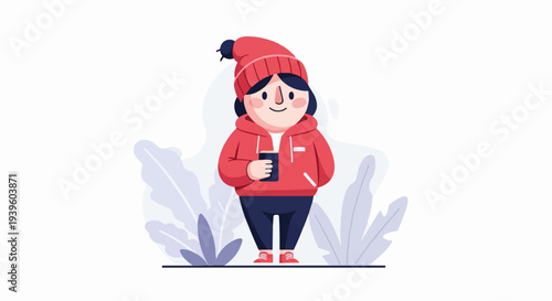 Cheerful person in cozy red beanie and hoodie holding a drink
