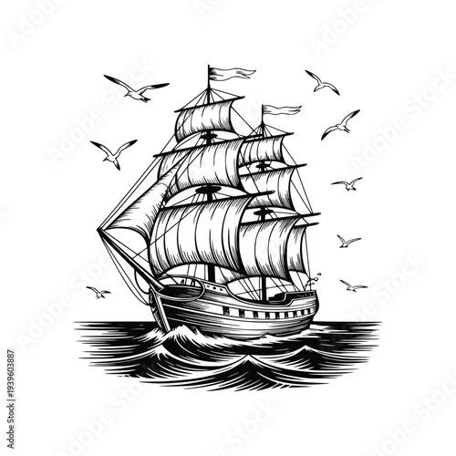 Engraving Sailing ship on ocean waves with seagulls vintage nautical engraving vessel maritime exploration sea voyage line drawing