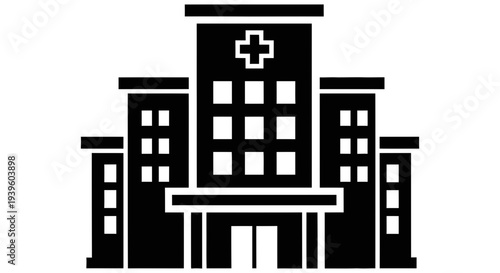 Hospital building illustration with a cross symbol on the front facade representing medical care and healthcare services