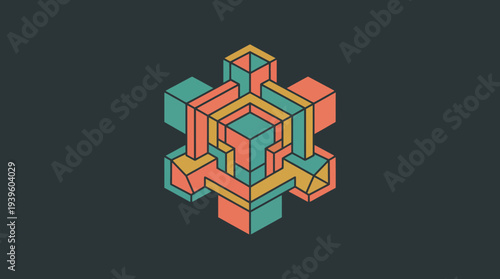 This abstract illustration showcases a complex geometric pattern with vivid colors, emphasizing creativity and artistic expression through modern design principles and forms.