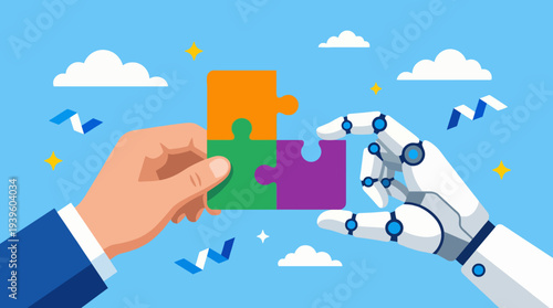 A vibrant illustration depicting a human hand and a robotic hand exchanging puzzle pieces, symbolizing collaboration and the merging of technology with human creativity.