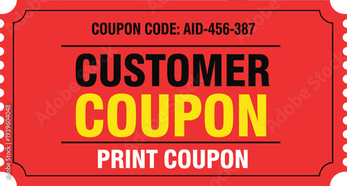 Red promotional coupon ticket design with bold typography, coupon code, customer coupon text, and print coupon layout for retail, e‑commerce, and marketing campaigns.