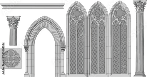 Gothic architectural element drawings, columns, arches, tracery windows, quatrefoil panel, ornate medieval design illustration set