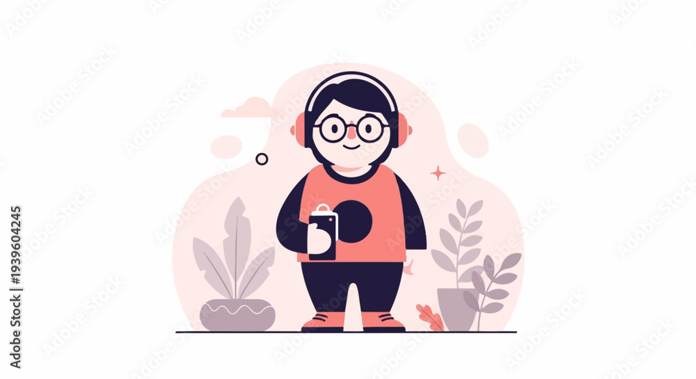 Fototapeta premium Cheerful character with headphones and phone, surrounded by potted plants and abstract shapes