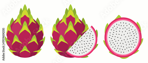 This colorful illustration displays a dragon fruit in whole, sliced, and halved stages, capturing its unique appearance and texture, making it appealing for culinary and artistic presentations.