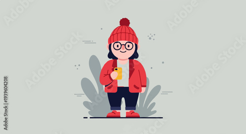 Cheerful character in red, holding phone, with gray abstract shapes