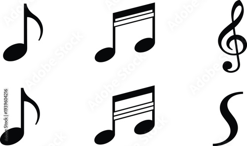 Set of musical notation silhouettes, treble clef, notes, rests artwork, music theory design illustration collection