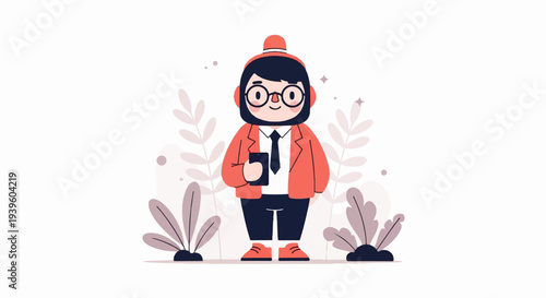 Cheerful cartoon figure in coral jacket, headphones, glasses, tie, and holding phone