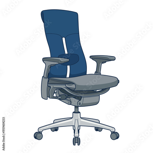 This illustration presents a modern ergonomic office chair, highlighting its design features, comfort aspects, and suitability for long working hours in an office environment.