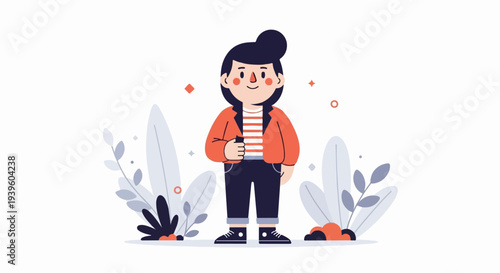 A smiling person in a casual outfit stands among stylized plants and decorative shapes