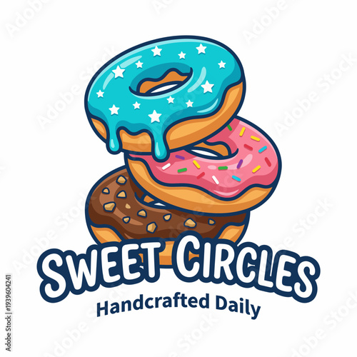 This enticing image showcases a stack of three donuts, beautifully glazed and decorated with colorful icing and sprinkles, perfect for marketing confectionery products.