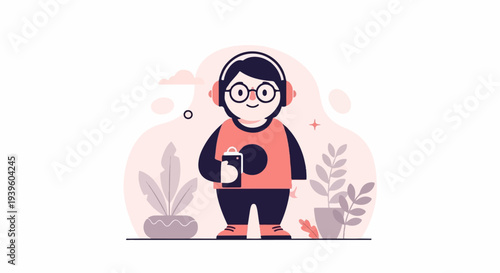 Cheerful character with headphones and phone, surrounded by potted plants and abstract shapes