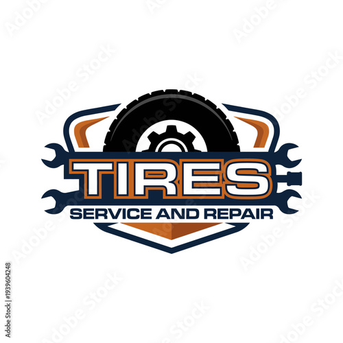 This graphic showcases a tire service and repair logo, combining tire imagery with tools, representing professionalism and reliability in automotive services.