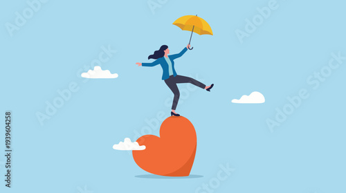 A woman balances on a large heart while holding a yellow umbrella, visually representing the delicate balance of love, optimism, and stability in life.