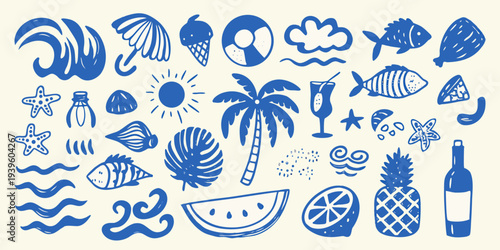 Schilderij op canvas Collection of hand drawn blue summer themed icons and illustrations