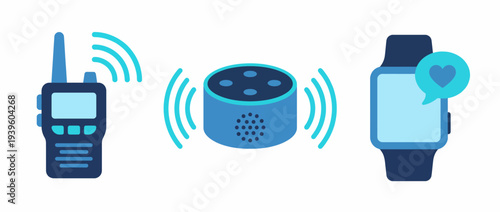 This image showcases three communication devices: a walkie-talkie, a smart speaker, and a smartwatch, symbolizing different ways people connect and communicate in modern life.