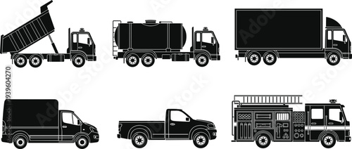 Utility and service vehicle silhouettes, dump truck, tanker, cargo van, pickup, fire truck artwork, transport design illustration set