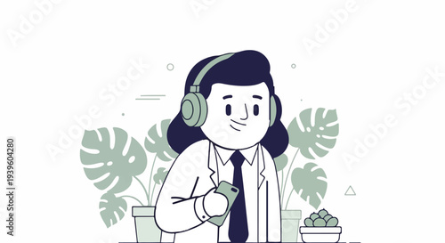 Person with headphones and phone, surrounded by plants, with geometric accents