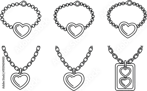 Set of six black and white line drawings of bracelets and necklaces with heart pendants, representing fashion jewelry, romantic accessories, and decorative design elements.
