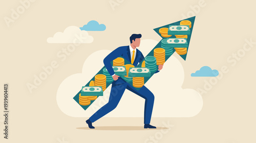 An illustration of a businessman confidently carrying a graphic arrow made of cash, symbolizing financial success, growth strategies, and achievement in the corporate world.