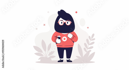 Stylized cartoon character with dark hair, glasses, holding a drink, standing near plants