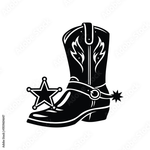 Cowboy boots and western hat silhouette , rodeo cowboy symbol vector illustration, cowboy boot line art isolated on white background 