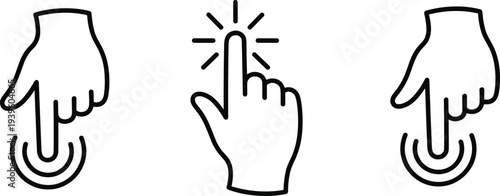 Set of three black and white hand icons representing touch, tap, and click actions, ideal for user interface design, apps, websites, and digital interaction projects.