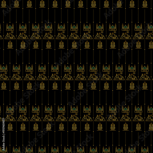 Elegant seamless pattern featuring gold line art of the Makkah Clock Tower, Masjid al-Haram, and Masjid an-Nabawi on a black background. A minimalist and luxury design ideal for Ramadan, Eid, and Hajj
