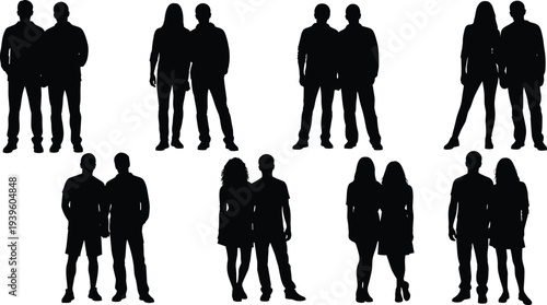 Couple silhouettes collection, standing lovers vector set, romantic relationship icons isolated on white background for lifestyle design